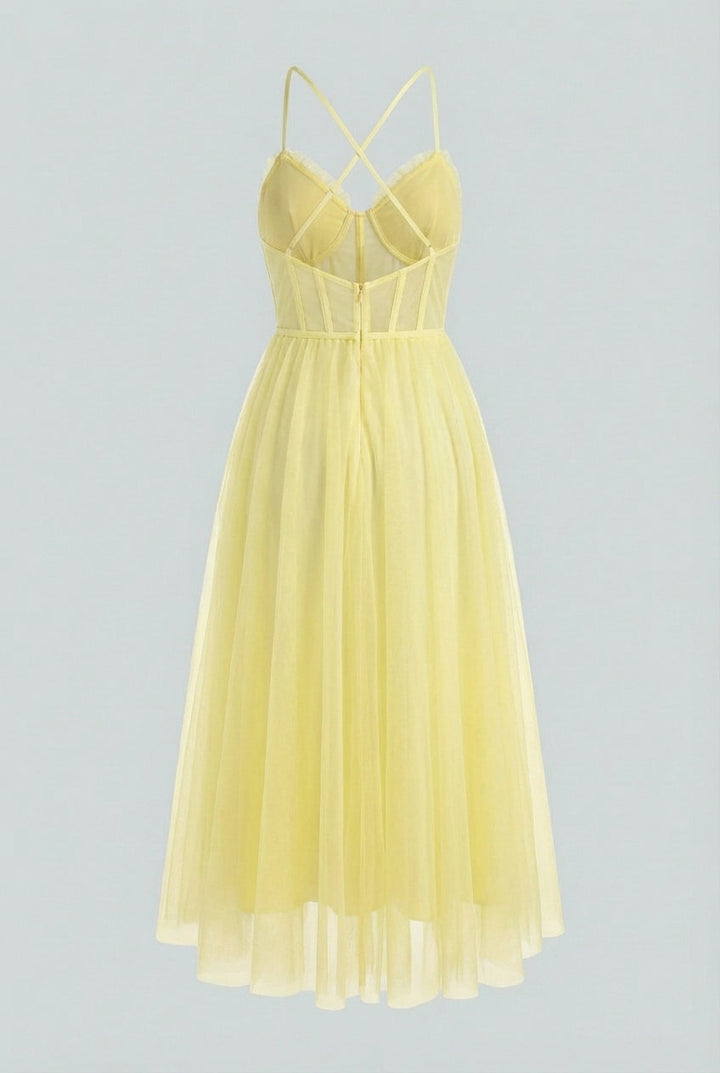 Beautiful yellow summer midi dress for women with an elegant corset top, great for parties & special occasions.
