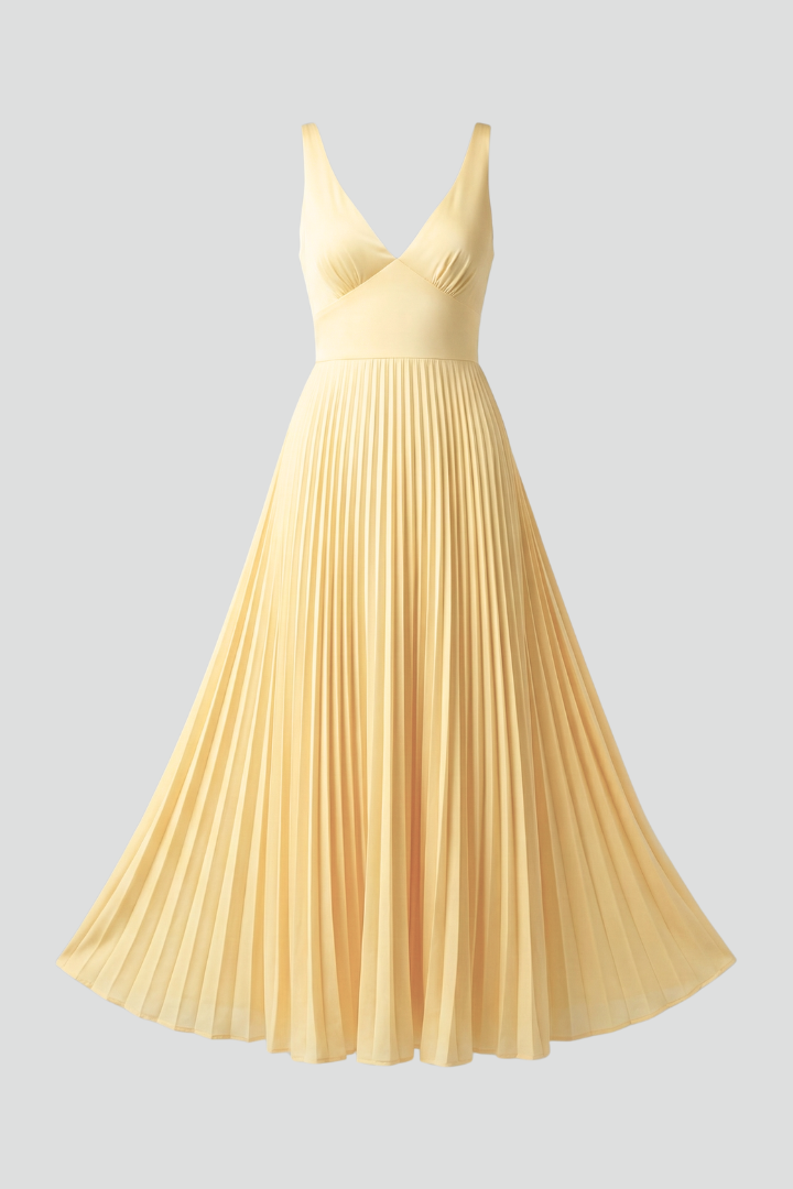 Elegant yellow V-neck pleated maxi dress for women, ideal for summer evening wear