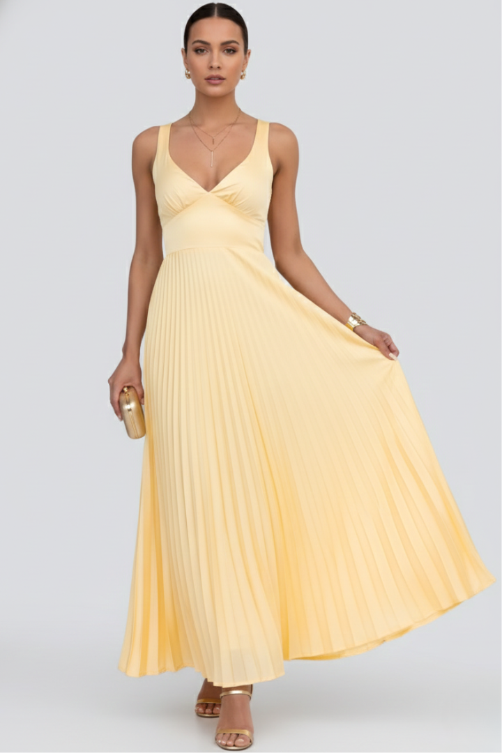 Women's formal V-neck pleated maxi dress in a vibrant yellow, perfect as a summer dress
