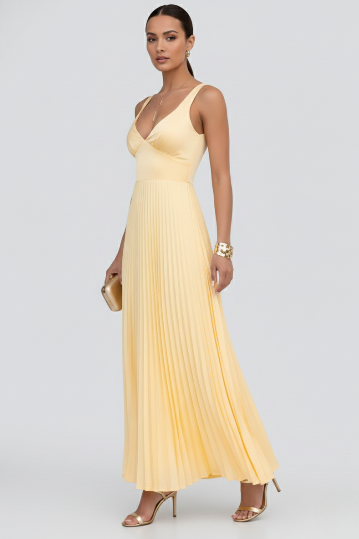 Flowy women's yellow V-neck pleated maxi dress, a chic option for summer occasions