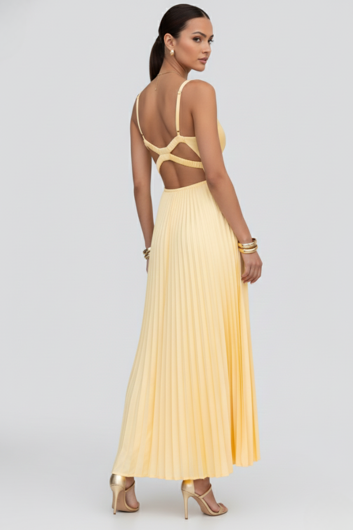 Beautiful yellow V-neck pleated maxi dress, a sophisticated piece of women's apparel