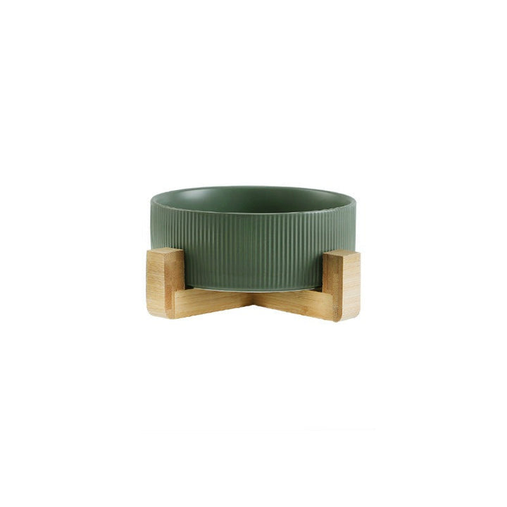 Stylish & functional elevated pet bowls with a wooden stand for modern pet dining.