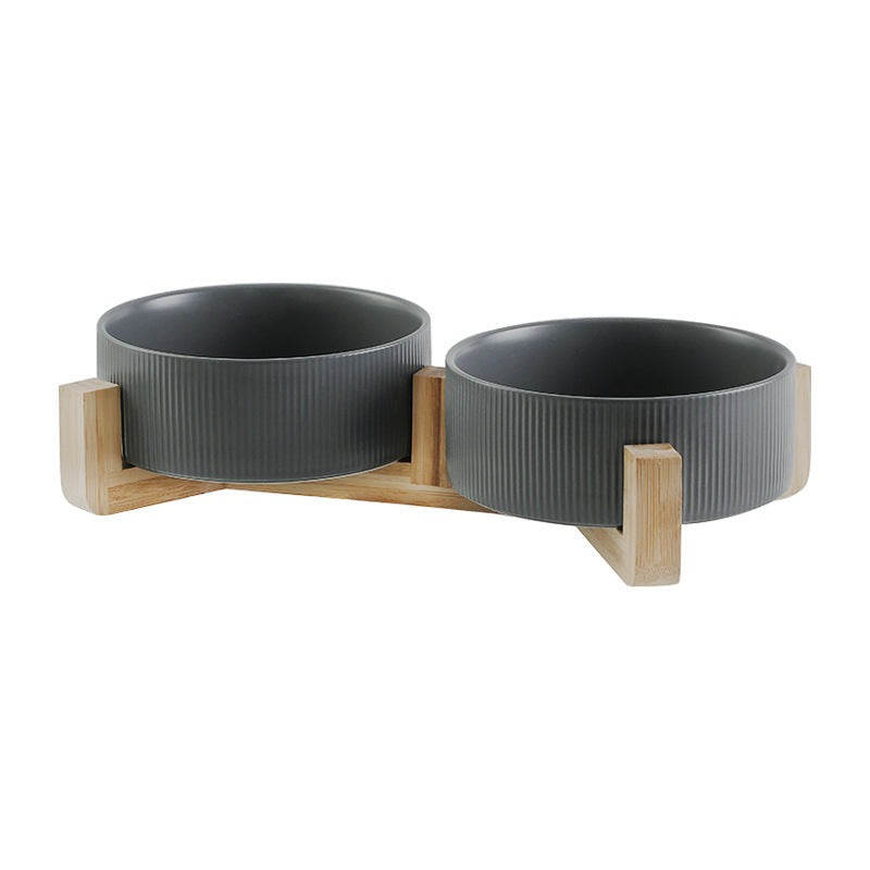 Durable ceramic elevated pet bowls & sturdy wooden stand for stylish, long-lasting use.
