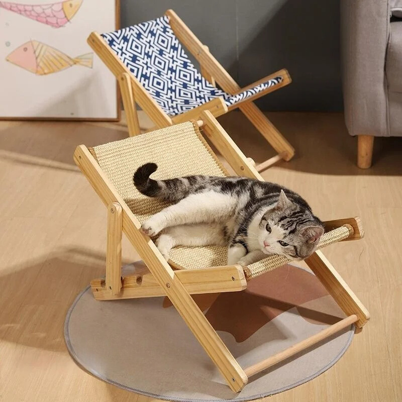Elevated wooden cat lounger & scratcher with a plush comfort cushion for feline relaxation.