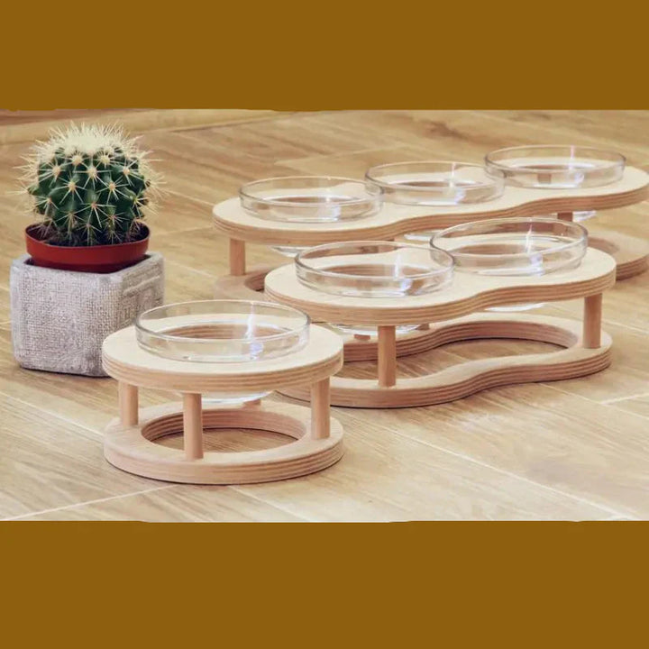 Non-slip elevated pet food bowl set with a stable wooden base for messy eaters. Prevents spills.