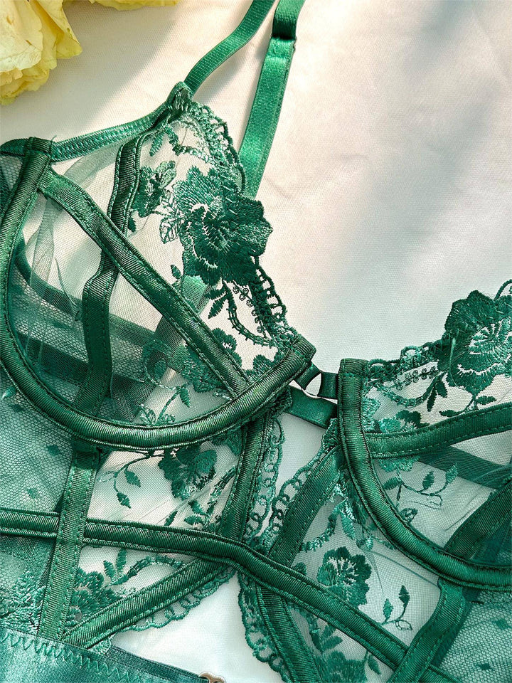 Sexy emerald green underwire bodysuit, delicate lace detail