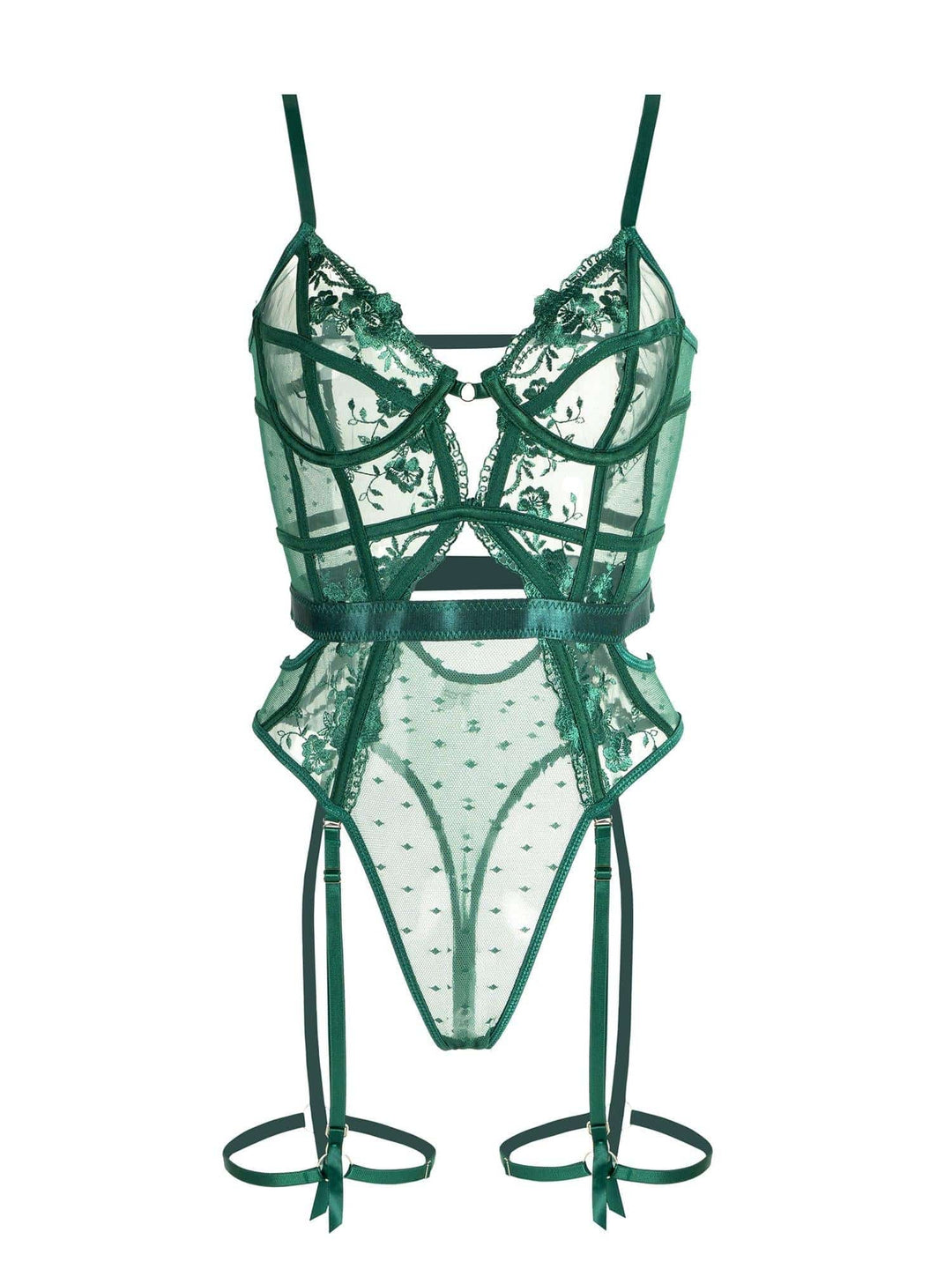 Intimate emerald green lace teddy with underwire, perfect for women