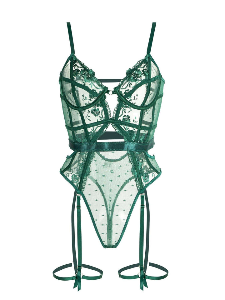 Intimate emerald green lace teddy with underwire, perfect for women