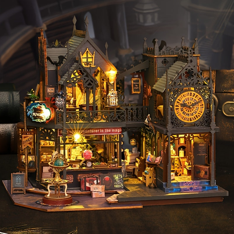 Enchanting 3D wooden book nook puzzle with magical LED light. Detailed miniature house for shelves & decor.