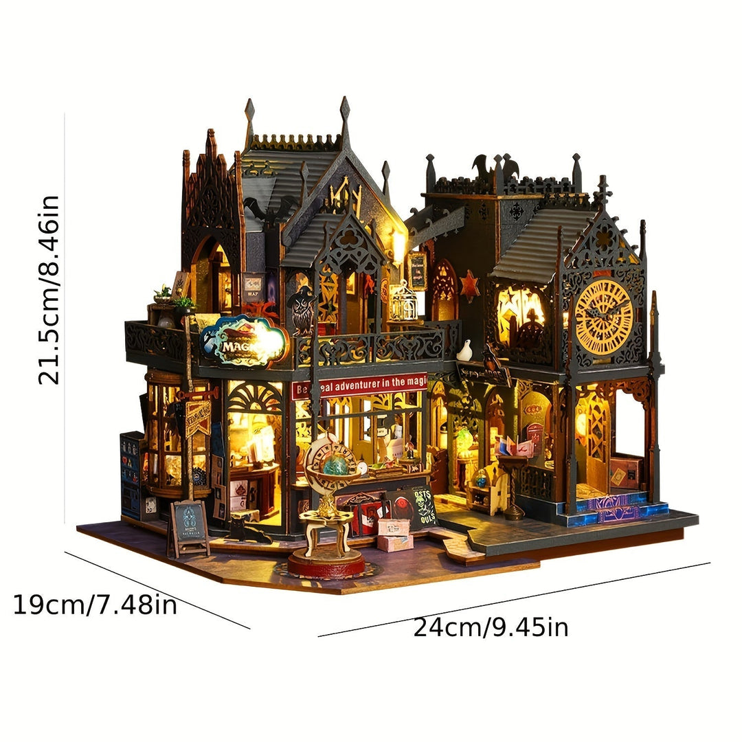 Magical LED lighting illuminates a 3D wooden book nook puzzle. Detailed miniature book house scene glowing warmly.