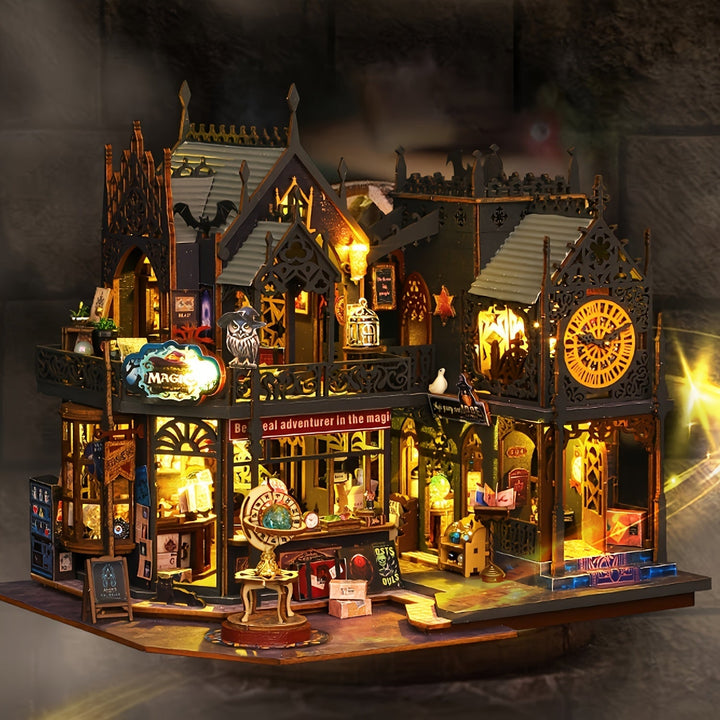 Components of a DIY 3D wooden book nook puzzle kit. Craft your own miniature book house with LED lighting.