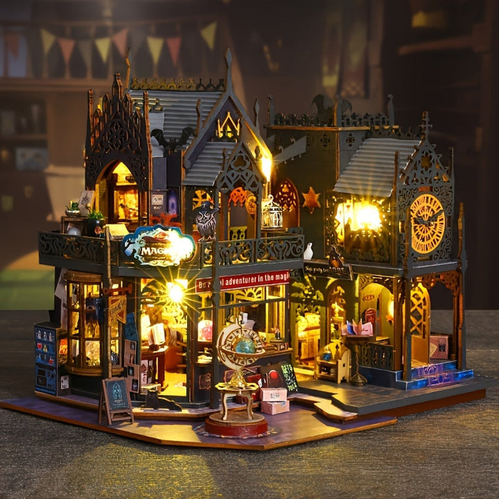 Close-up of a detailed miniature scene inside a 3D wooden book nook puzzle, featuring tiny furniture & books.