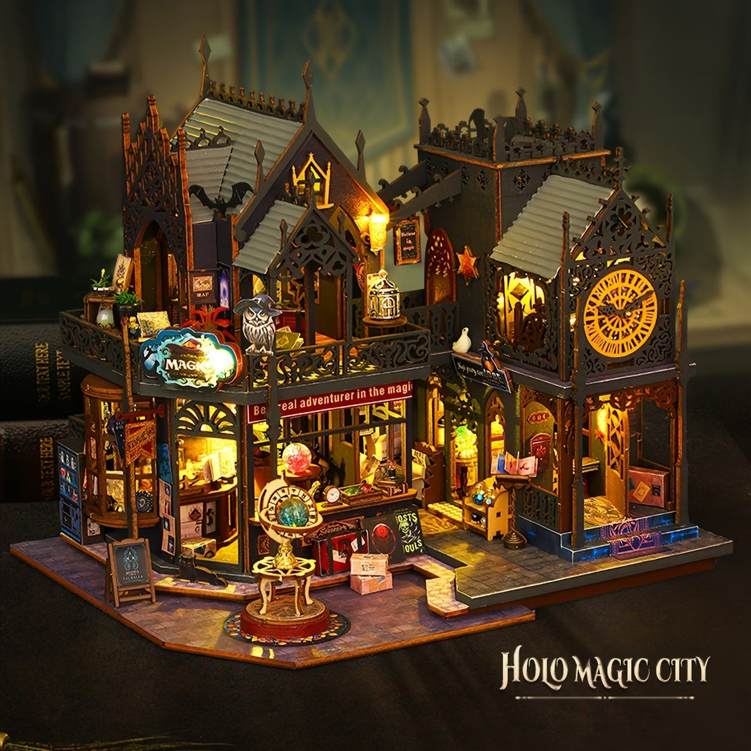 Decorative 3D wooden book nook puzzle with LED light, perfect as a unique bookend or enchanting shelf display.