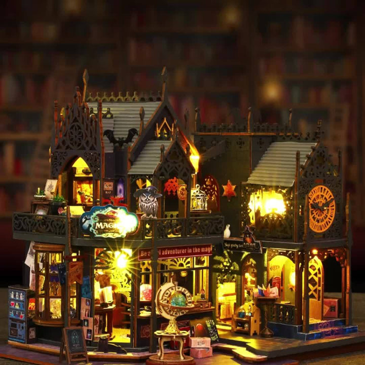 Unfinished 3D wooden book nook puzzle DIY craft kit. Build a magical miniature house with LED lighting.