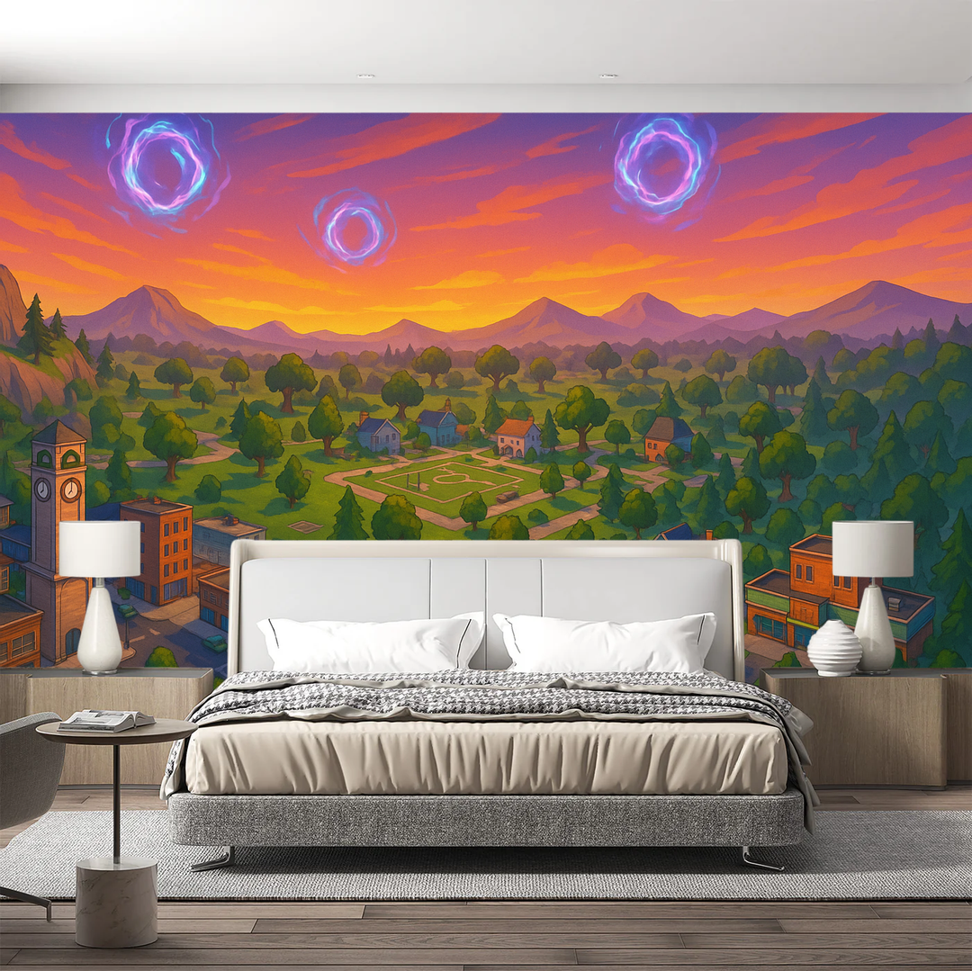 Epic fantasy gaming world mural for kids' bedroom. Peel & stick gamer wallpaper with immersive adventure digital art.