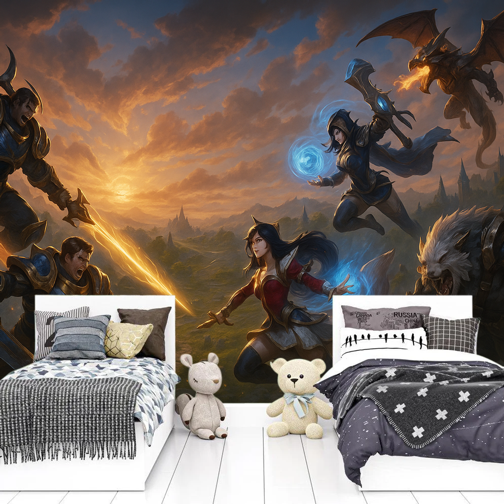 Epic gaming battle scene wall mural for teen bedroom. Fantasy gamer wallpaper, peel and stick home decor.