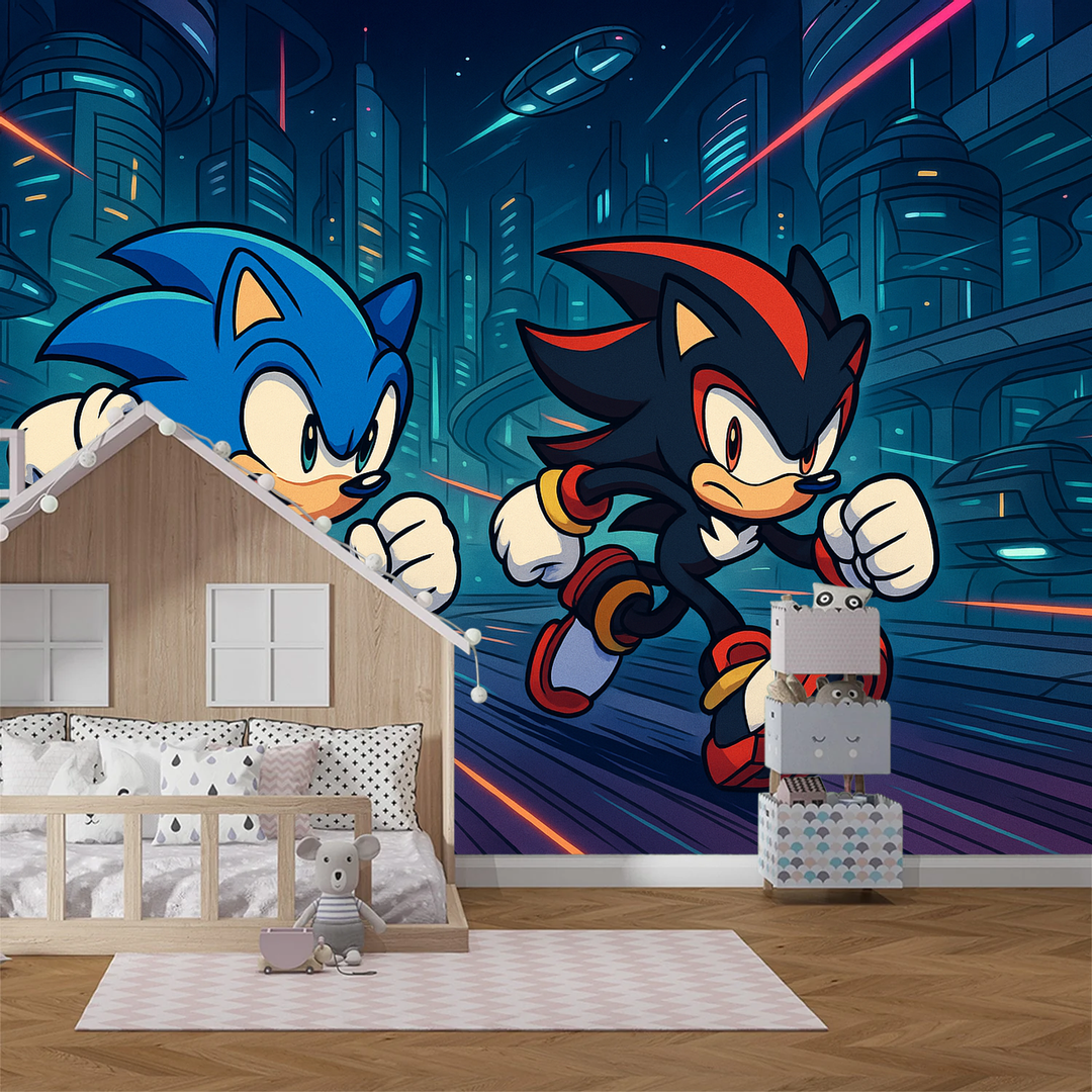 Epic Sonic City gaming wall mural wallpaper for teen bedroom. Peel & stick cyberpunk fantasy city gaming decor.