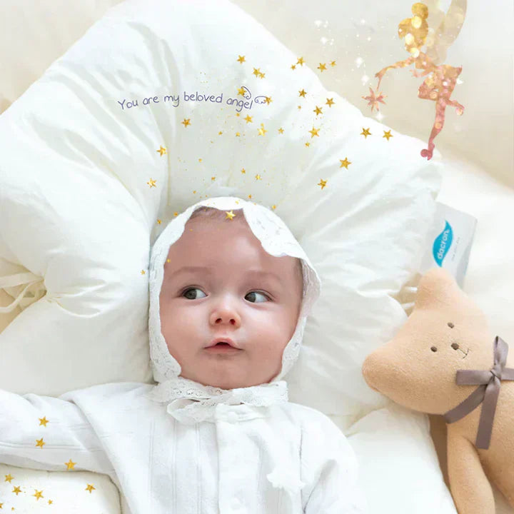 Close-up of an ergonomic antibacterial baby cushion designed for safe and supportive infant sleep.