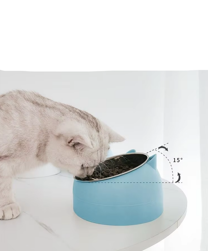 Ergonomic blue cat food bowl, 15° tilted stainless steel for healthy eating & improved digestive health.