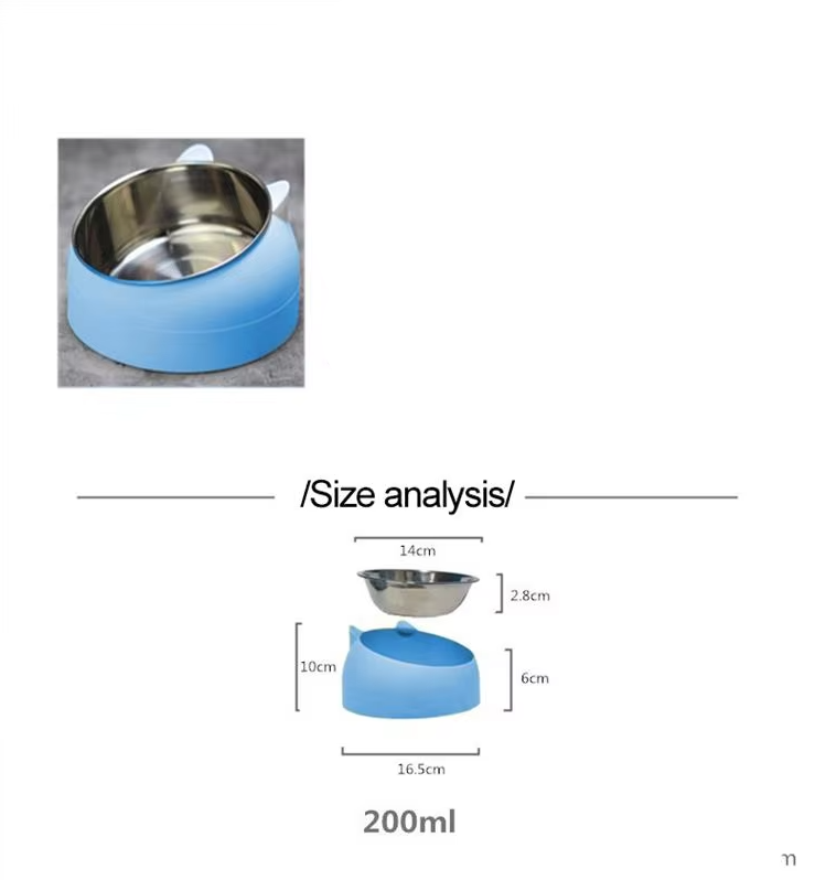 Healthy eating cat bowl, 15° tilted for better digestion. Blue ergonomic pet feeder with a steel insert.