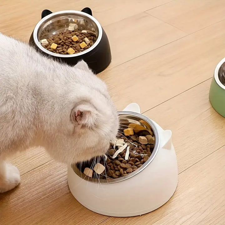 Ergonomic elevated cat food bowl for healthy eating, promoting pet comfort and reducing neck strain.