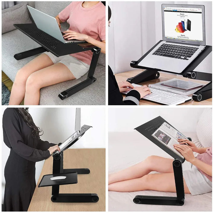 Adjustable laptop stand for neck & back pain relief. Portable ergonomic design with ventilation for devices.