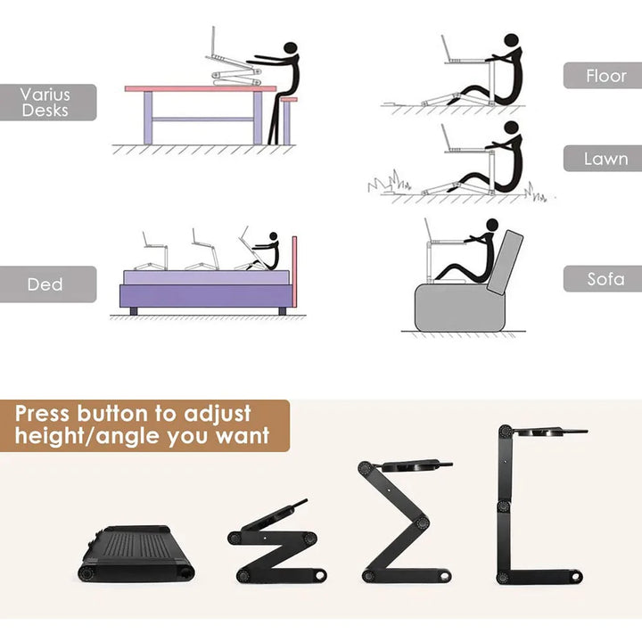 Sturdy 360° adjustable laptop stand for desk, improving comfort and productivity for work, gaming, or study.