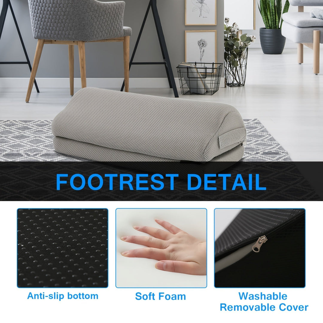 Unisex ergonomic footrest with washable cover for ultimate desk comfort and posture support.
