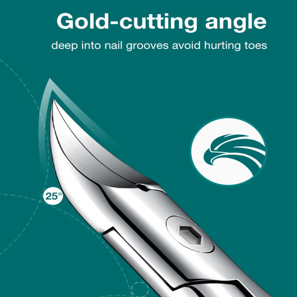 Ergonomic toenail clipper for thick nails, stainless steel, comfortable grip, angled blade