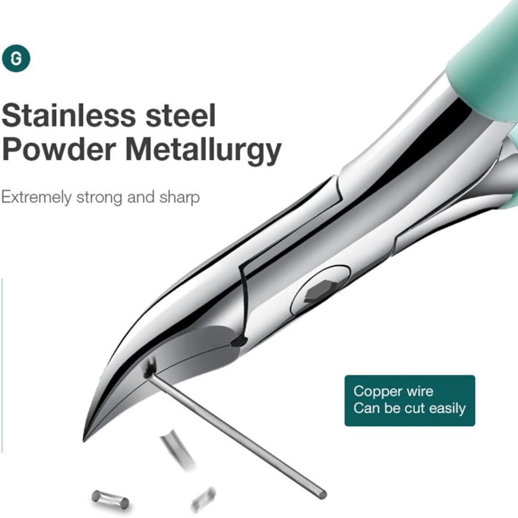 Close-up of stainless steel ergonomic toenail clipper with sharp blade for thick nails
