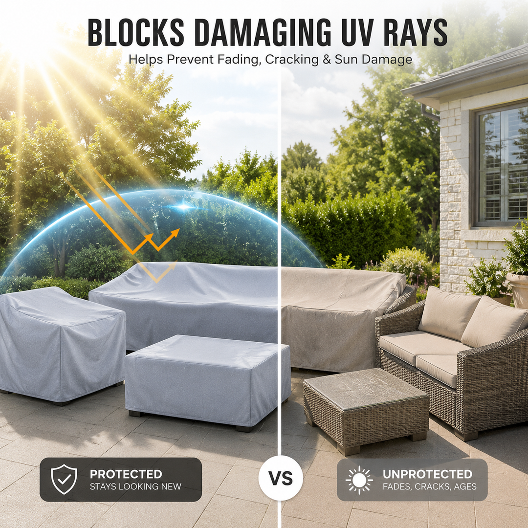 Waterproof, UV-protected EVERDRAPE outdoor furniture cover for backyard patio sets.
