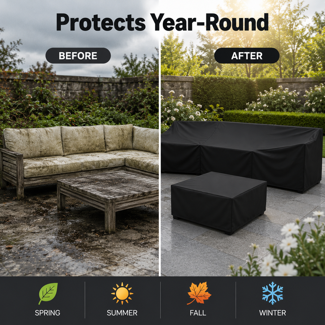 Premium EVERDRAPE patio cover, waterproof & UV resistant for garden furniture, year-round backyard use.