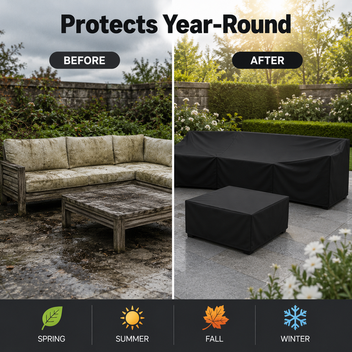 Premium EVERDRAPE patio cover, waterproof & UV resistant for garden furniture, year-round backyard use.