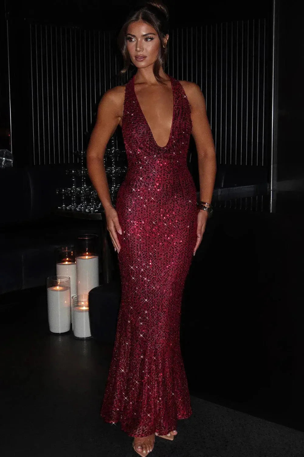 Versatile sequin evening gown for women, a halter open back maxi dress suitable for various formal events.