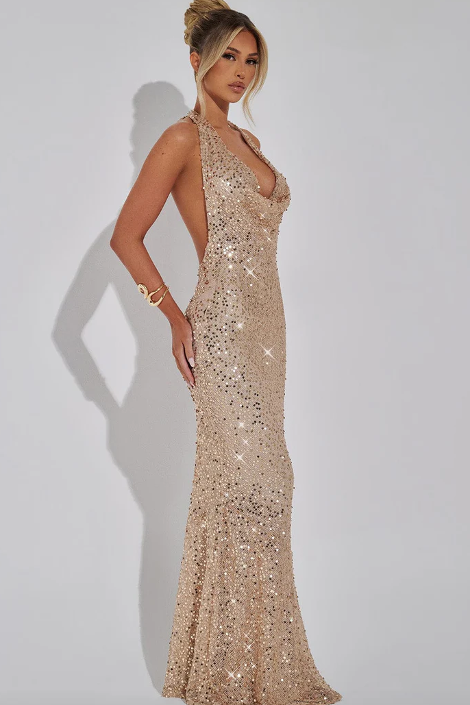 Full-length women's sequin evening maxi dress with a chic halter neck & open back for a glamorous look.