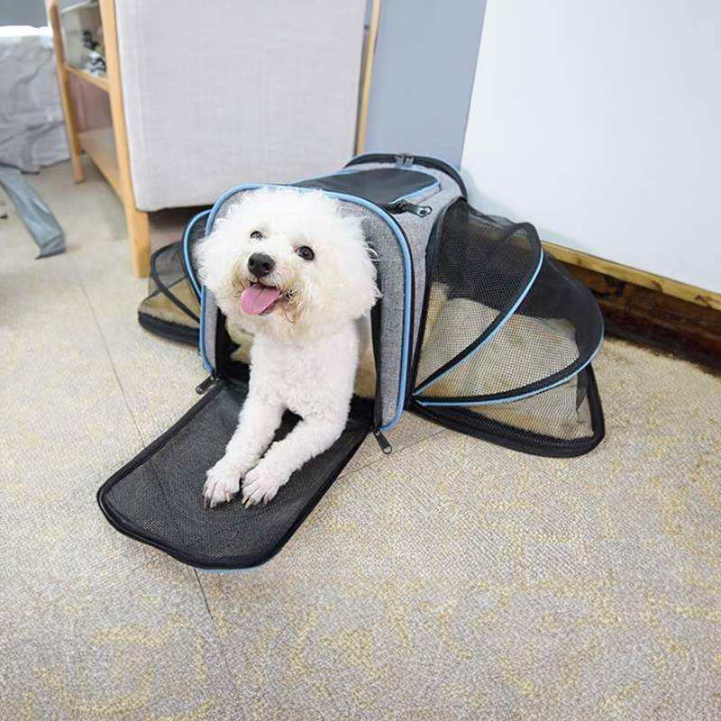 Expandable pet carrier for dogs & cats. Breathable travel bag for comfortable journeys. Ideal for small to medium pets.