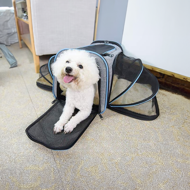 Expandable pet carrier for dogs & cats. Breathable travel bag for comfortable journeys. Ideal for small to medium pets.