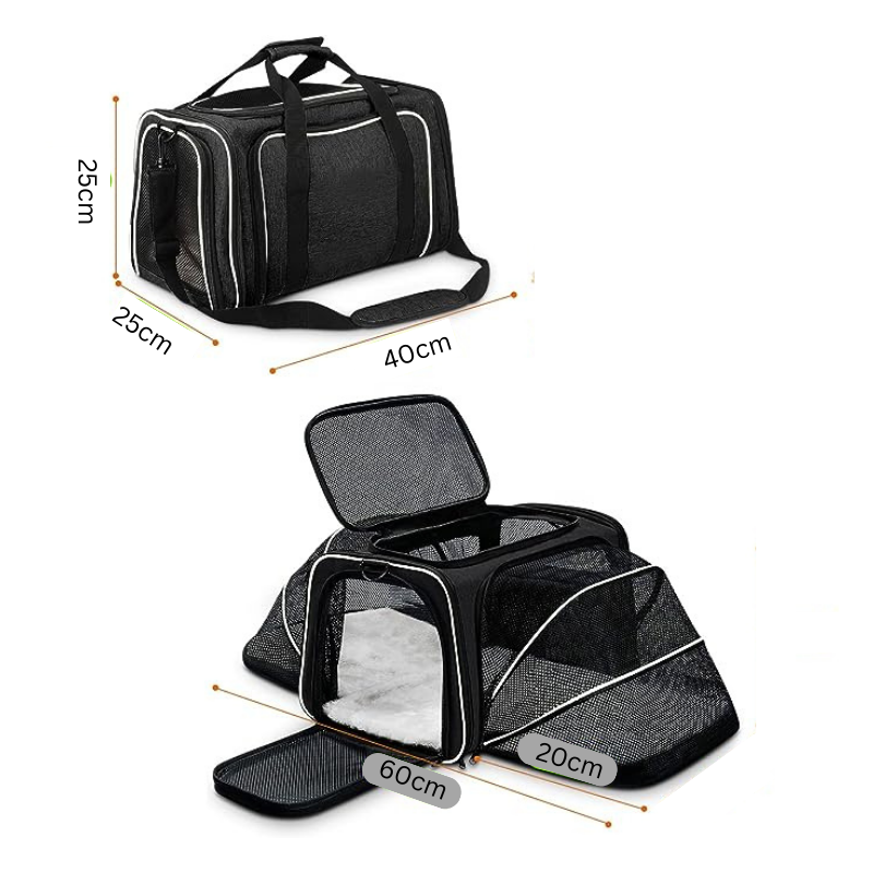 Durable pet travel carrier for cats & dogs. Features soft bedding, expandable sections & secure zippers for safe trips.