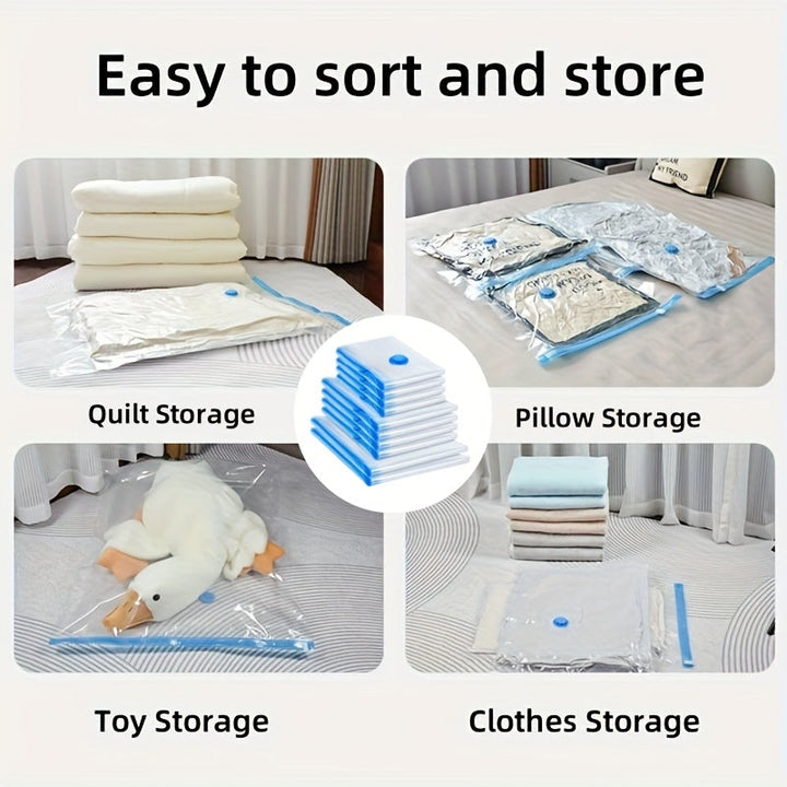 Reusable vacuum storage bags to compress clothes & organize wardrobes.