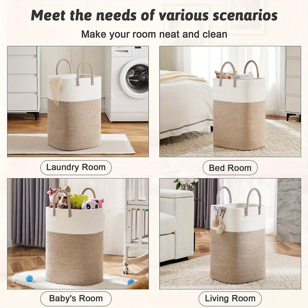 Large woven cotton laundry basket, perfect for family-sized loads and home organization.