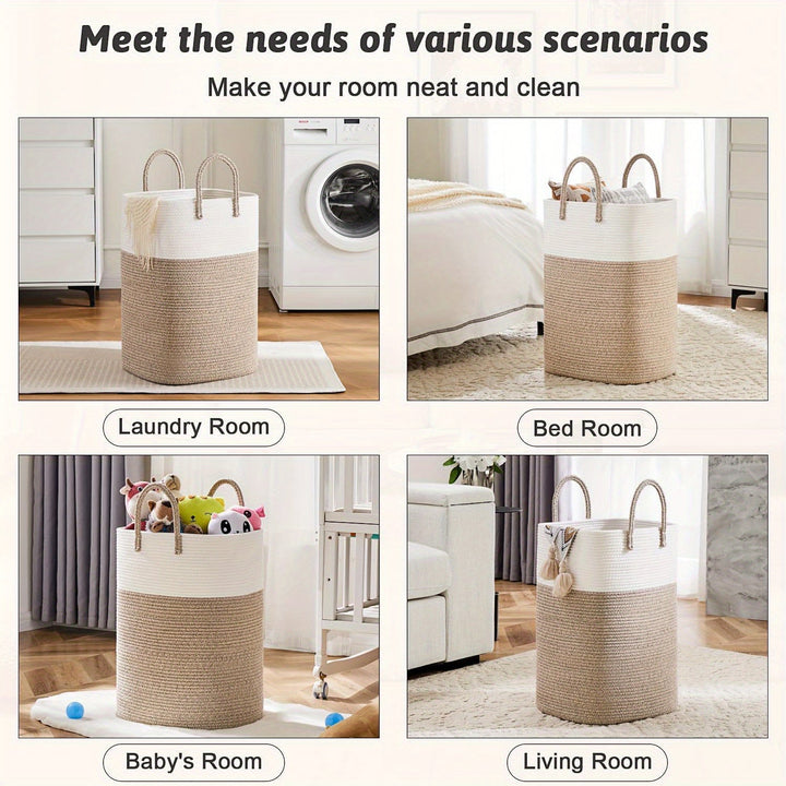 Large woven cotton laundry basket, perfect for family-sized loads and home organization.