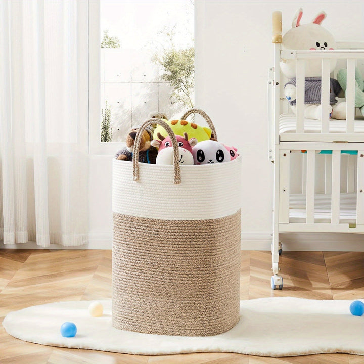 Versatile extra large woven cotton storage basket for laundry, toys, blankets, and more.