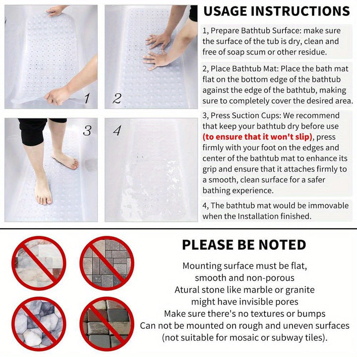 White extra long non-slip bath mat, designed for ultimate shower & bathtub safety.