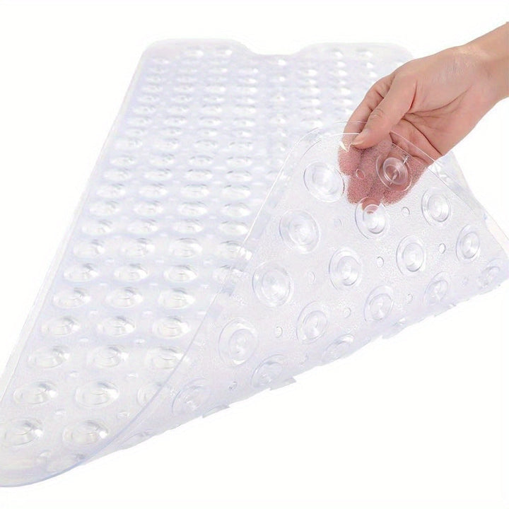 Washable extra long non-slip shower mat with drainage holes for bathtub safety.
