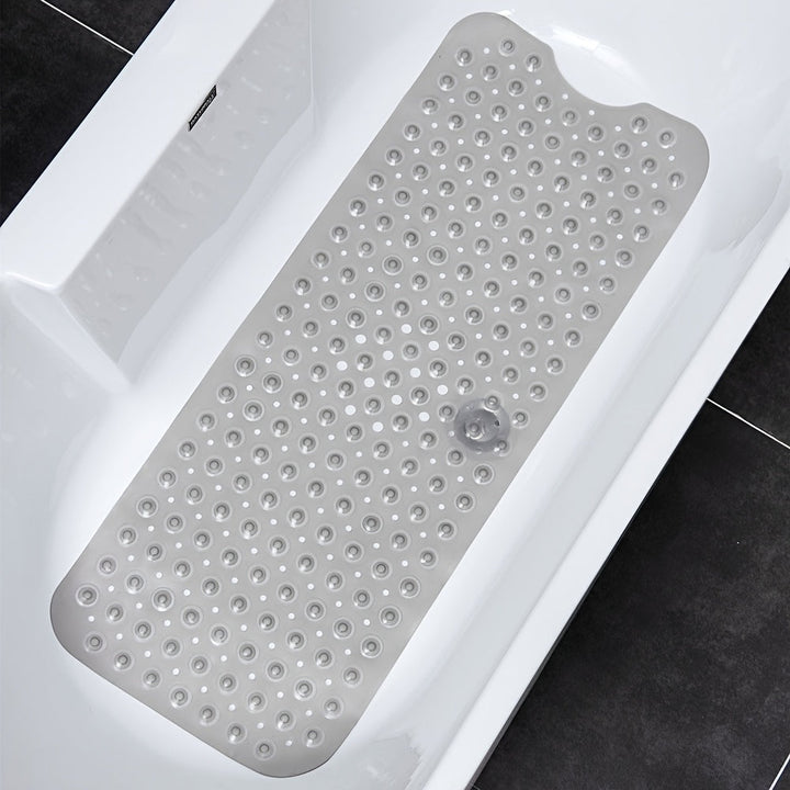 Blue extra long non-slip bath mat, essential for family bathtub safety.