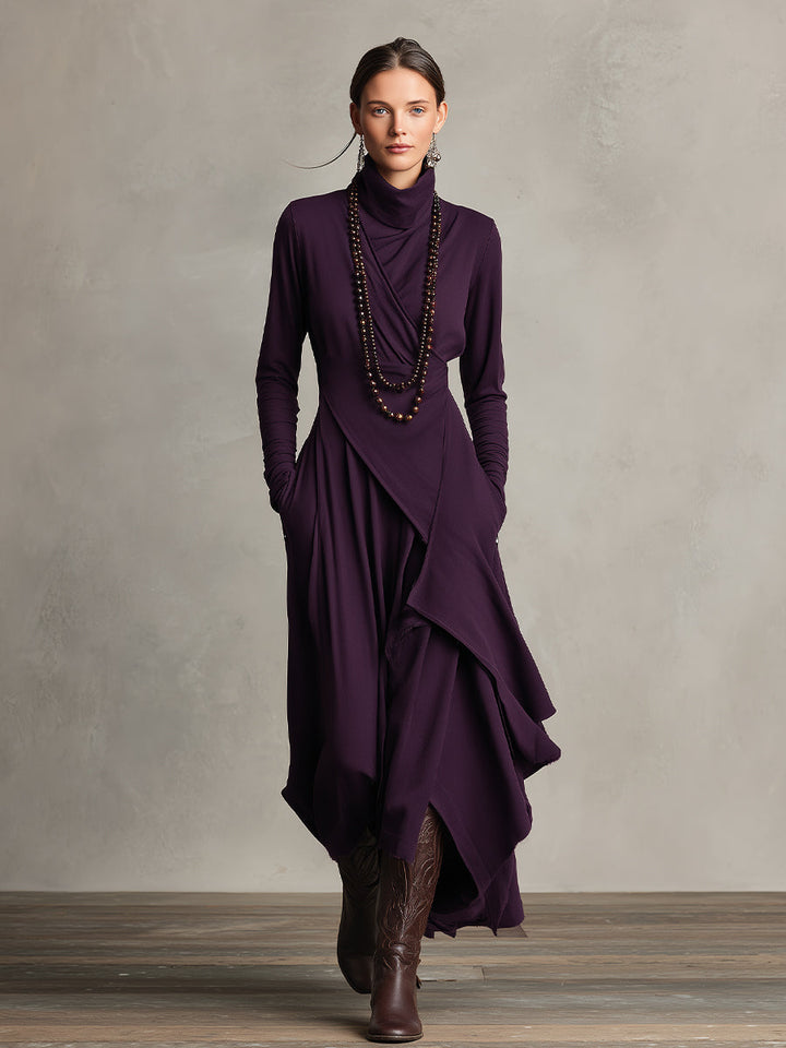 Versatile women's draped midi turtleneck dress, ideal for elegant autumn and winter occasions.