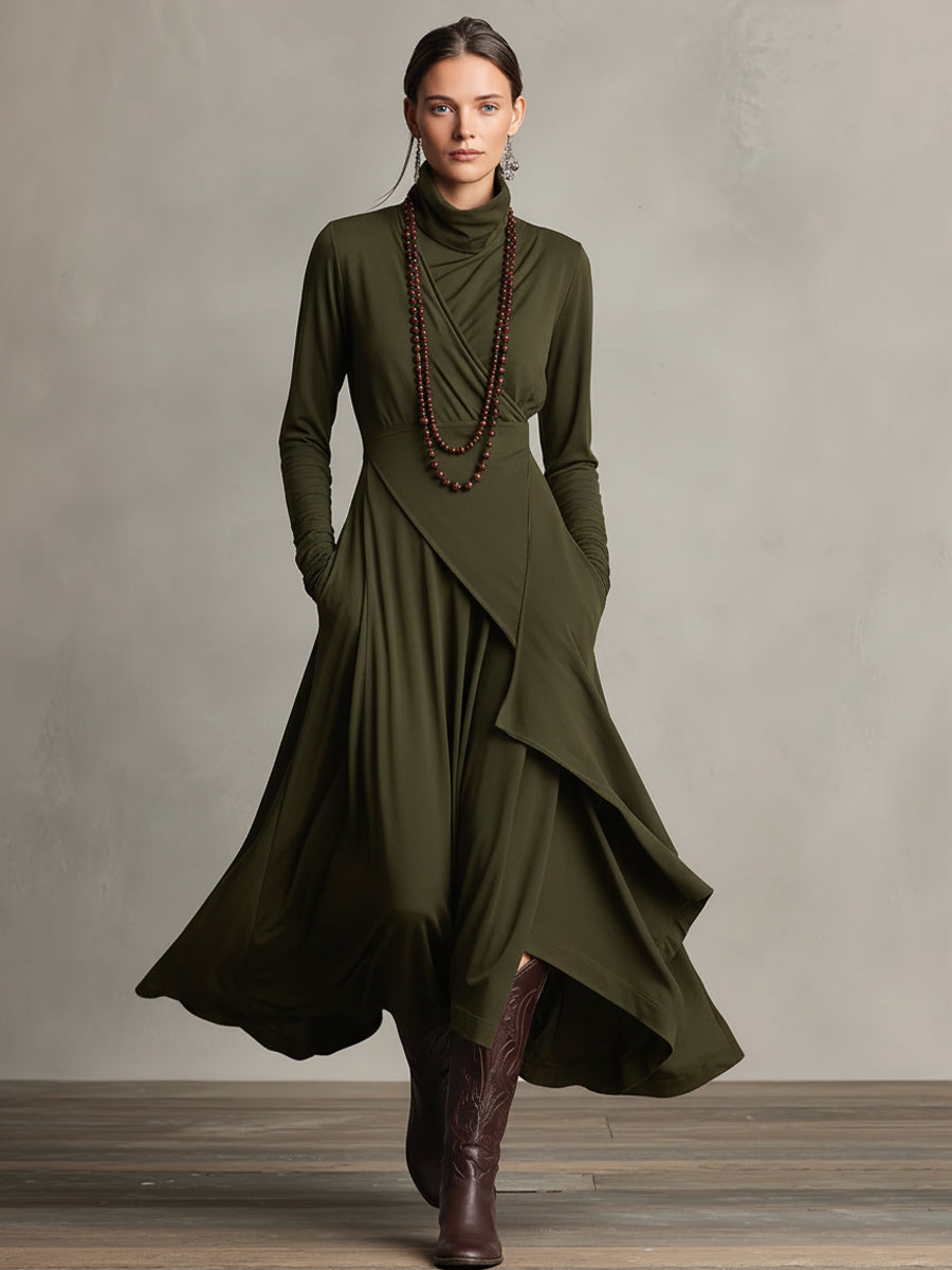 Chic women's draped turtleneck midi dress, a versatile long sleeve elegant statement for modern fashion.