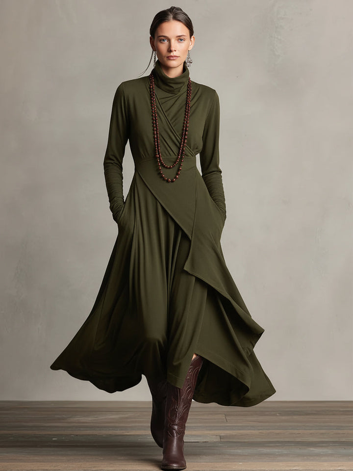 Chic women's draped turtleneck midi dress, a versatile long sleeve elegant statement for modern fashion.