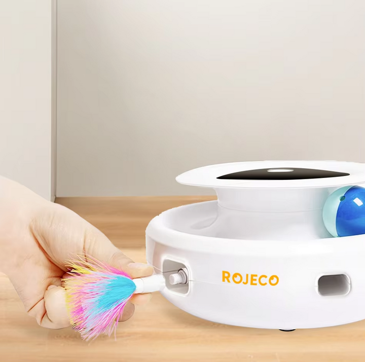 Feline interactive LED toy generating a moving light dot for chasing and active exercise.