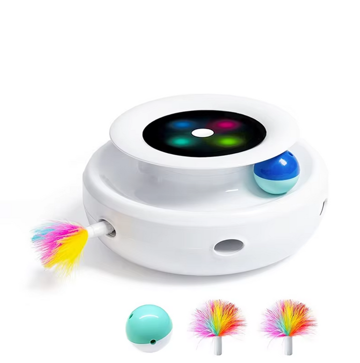 Modern automatic cat toy with a dynamic LED light beam for engaging feline exercise.